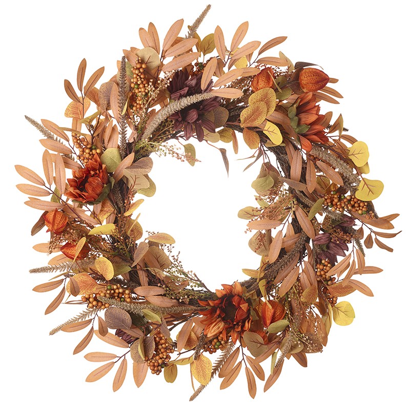 DAL065 RUSSET MIXED FOLIAGE WITH FLOWERS WREATH 60CM (COLLECTION ONLY) - Image 1