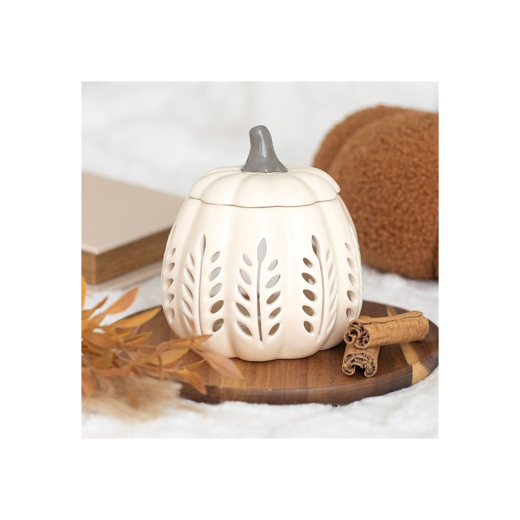Cream Leaf Cut Out Pumpkin Oil Burner and Wax Warmer - Image 1