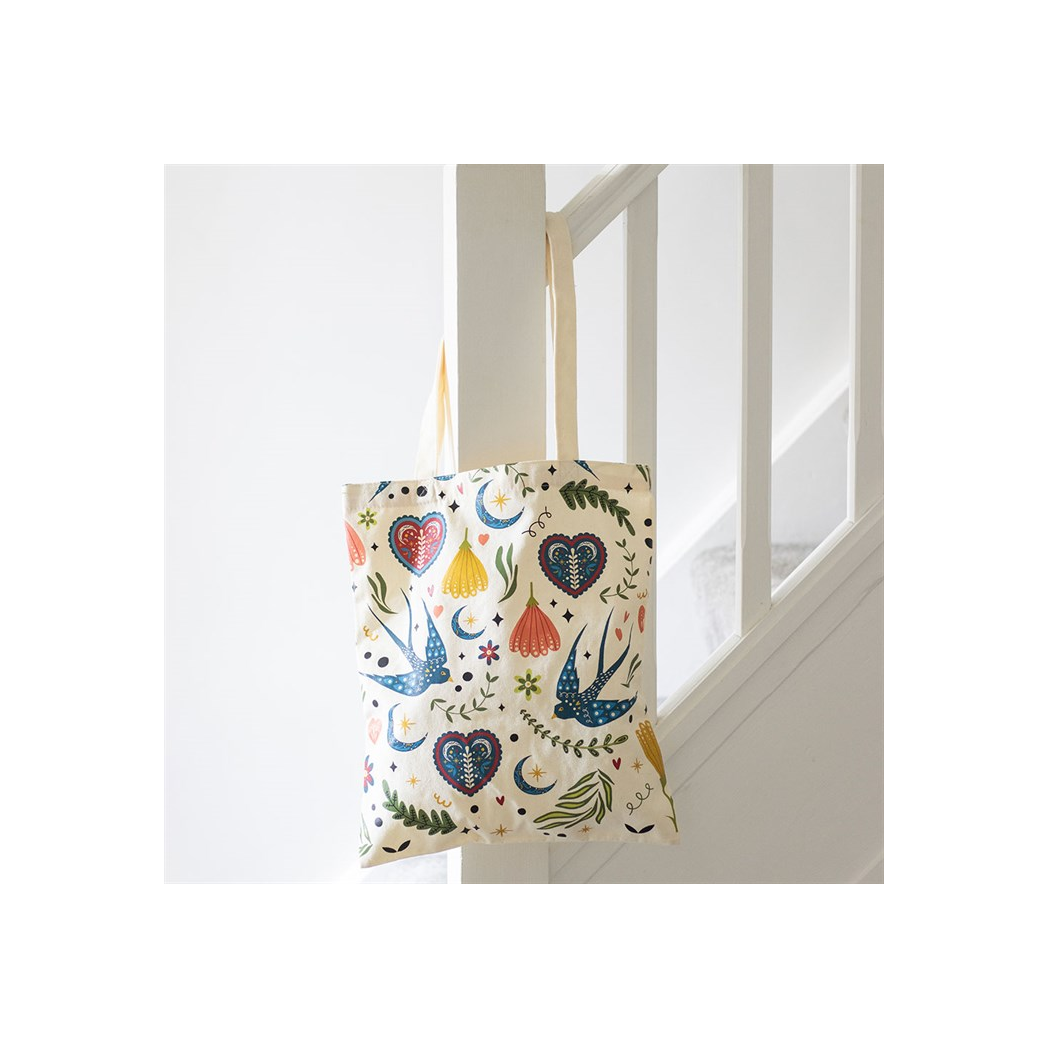 Cream Folk Print Polycotton Tote Bag - Image 1