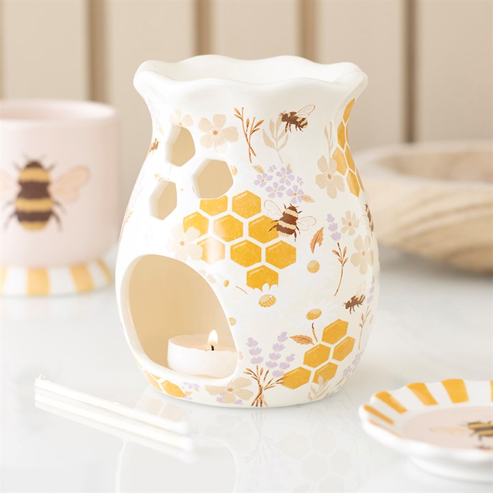 Honey Bee Print Fluted Oil Burner and Wax Warmer - Image 1