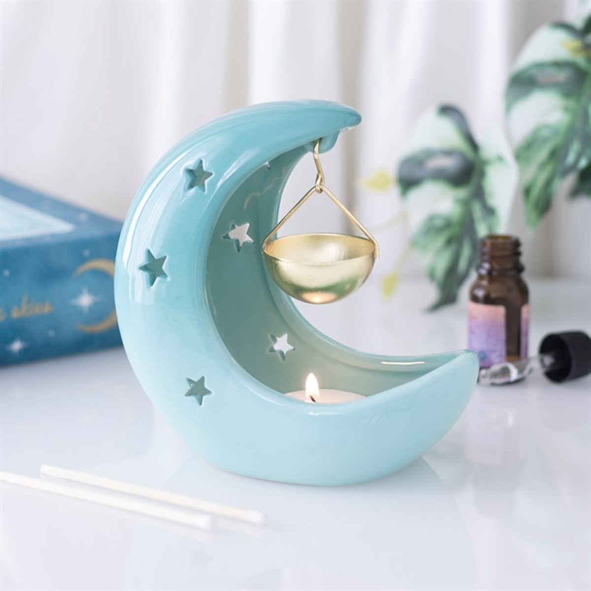 Blue Pastel Crescent Moon Hanging Oil Burner - Image 1